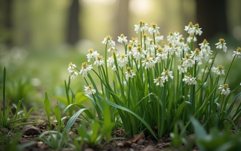Sous-bois printanier avec ail des ours en fleurs et feuillage vert tendre.