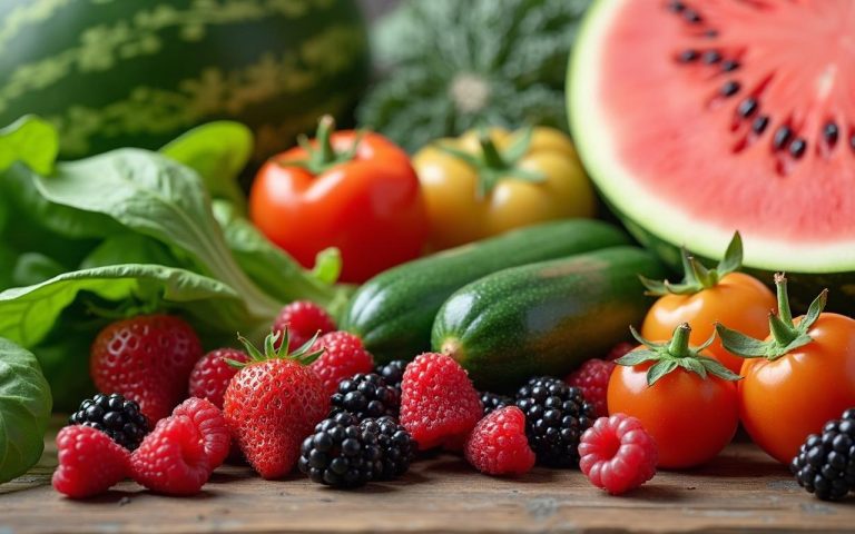Assortiment de légumes et fruits bénéfiques pour la santé rénale sur une table en bois.