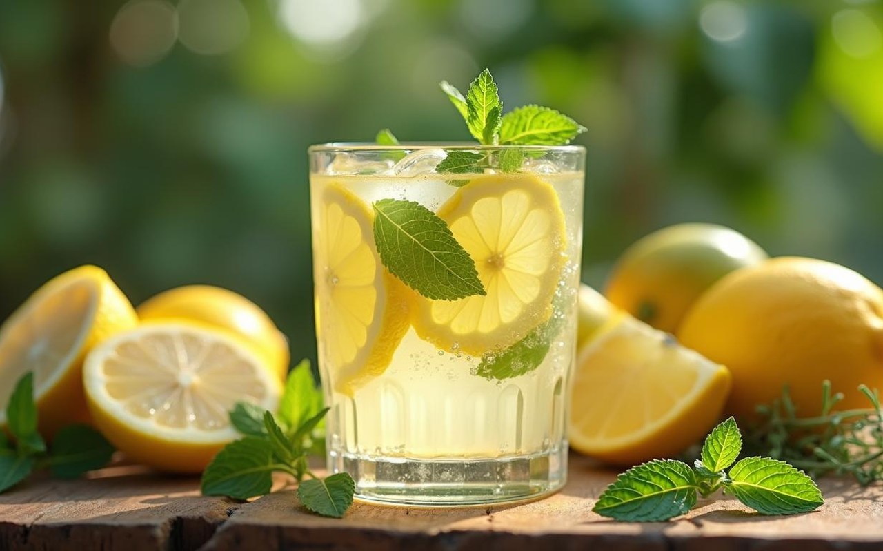 Verre d'eau citronnée avec menthe et fruits frais sur une table en bois.