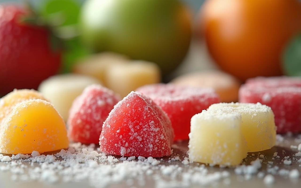 Sélection de bonbons sans sucre colorés et variés sur une table, avec des éléments naturels.