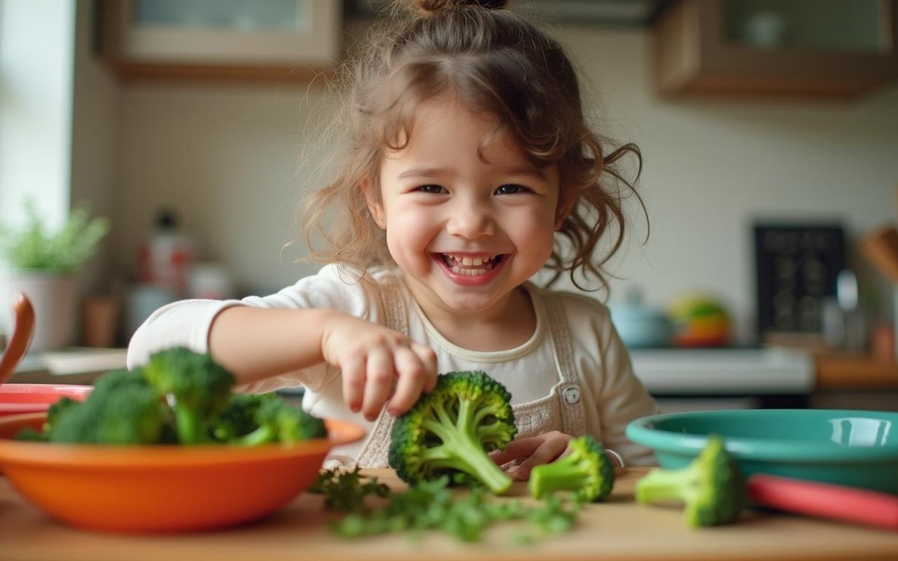 Un enfant préparant des brocolis dans une cuisine colorée et ludique.