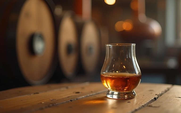 Verre de whisky pur sur table en bois, représentant la faible teneur en sucre.