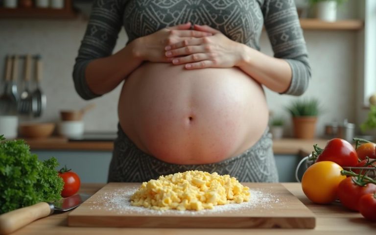 Femme enceinte préparant un plat avec de l'emmental dans une cuisine moderne.
