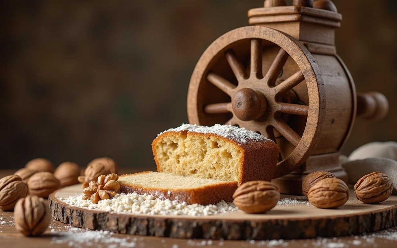 Moulin traditionnel avec noix et tourteau de noix pour la fabrication de farine de noix.