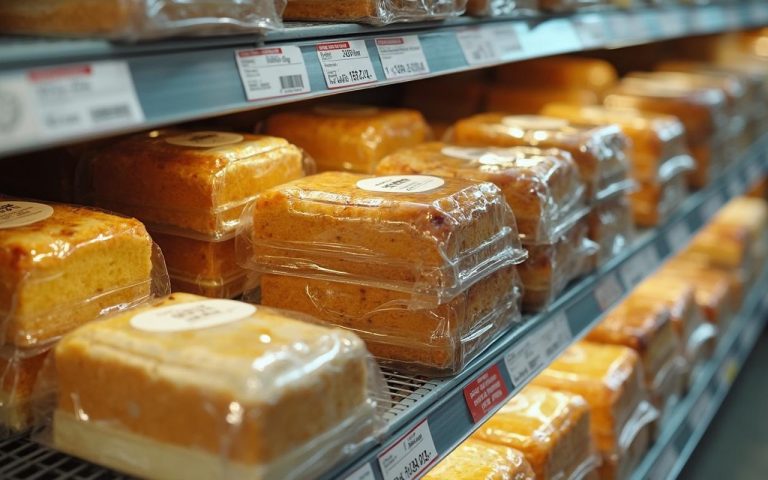 Rayon de gâteaux allégés avec étiquettes nutritionnelles visibles dans un supermarché.