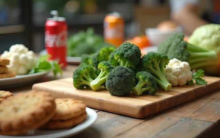 Table de cuisine avec légumes cuits et aliments à éviter pour Hashimoto.