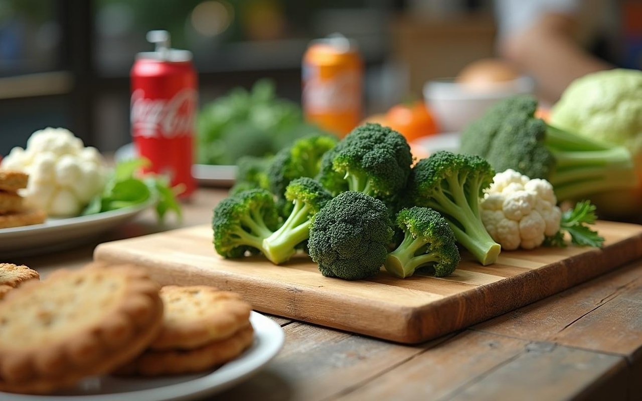 Table de cuisine avec légumes cuits et aliments à éviter pour Hashimoto.