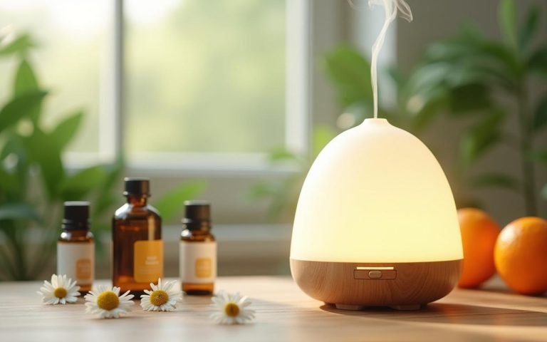 Diffuseur d'huiles essentielles avec flacons de camomille romaine et orange douce dans un cadre apaisant.