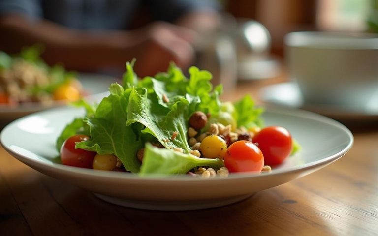 Salade de mâche fraîche avec tomates cerises et noix sur une table de dîner.