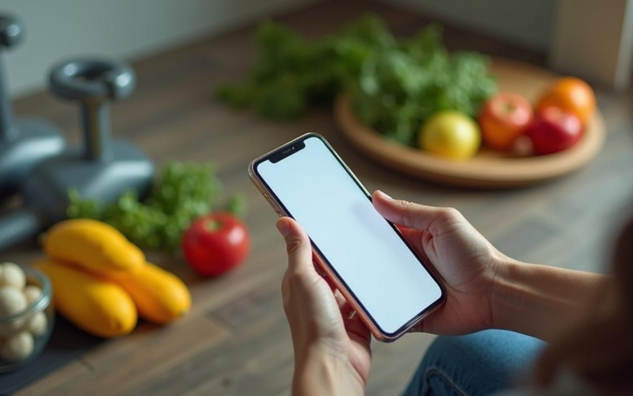 Personne utilisant une application de perte de poids avec des aliments sains autour