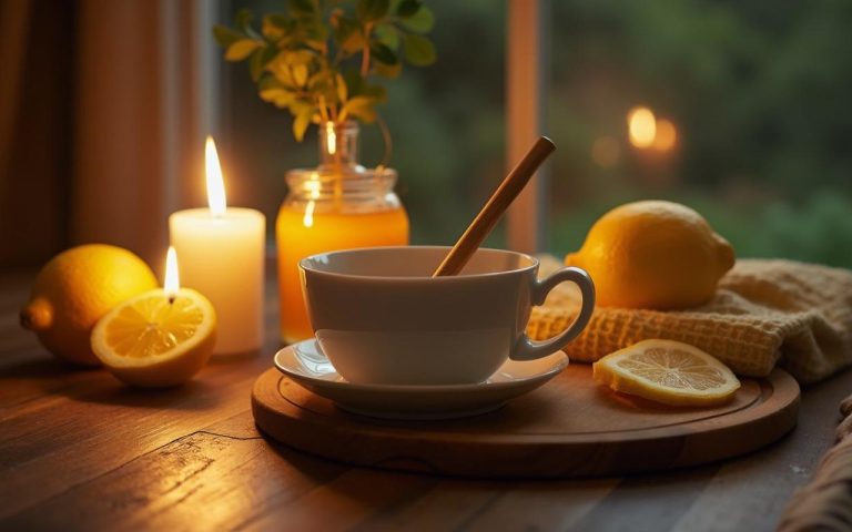Tasse de miel et citron sur une table en bois, ingrédients frais autour, ambiance chaleureuse du soir.