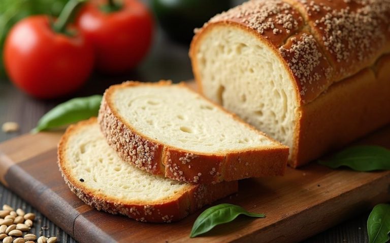 Tranche de pain de seigle sur une planche en bois avec des ingrédients sains.