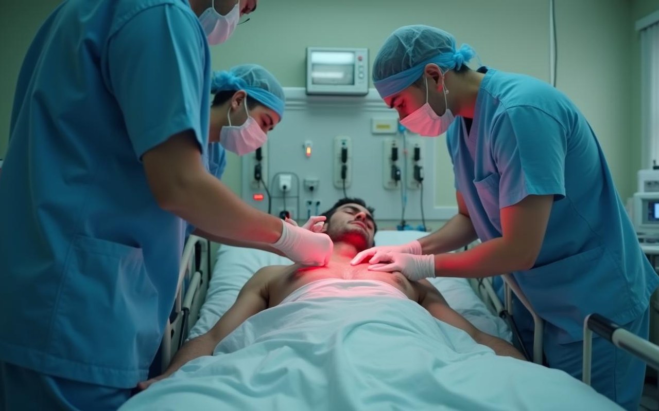 urgence médicale pour cholécystite avec patient et professionnels de santé