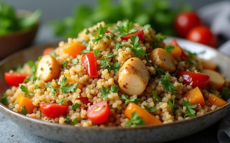 Plat de quinoa avec légumes et protéines, illustrant un régime équilibré.
