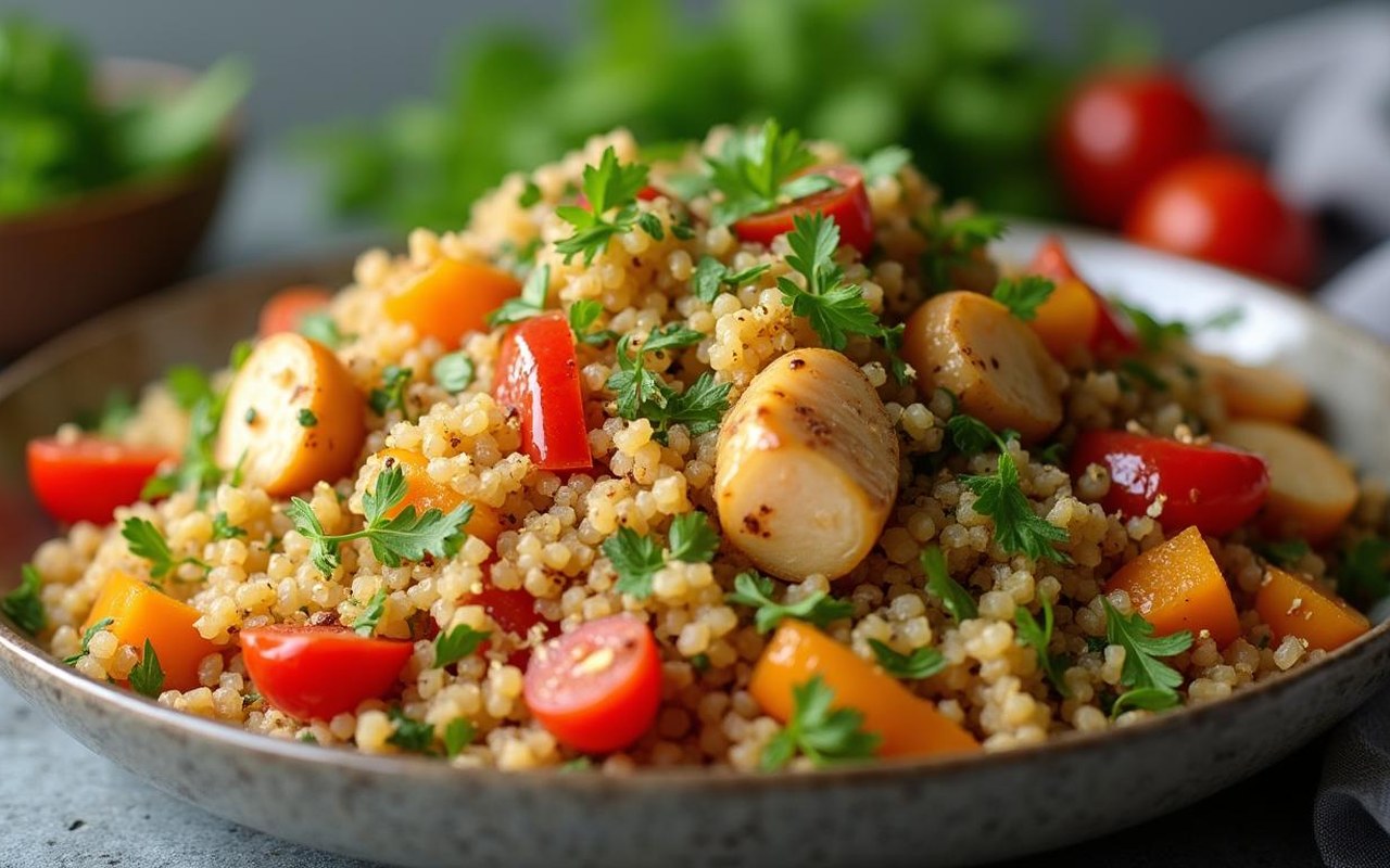 Plat de quinoa avec légumes et protéines, illustrant un régime équilibré.