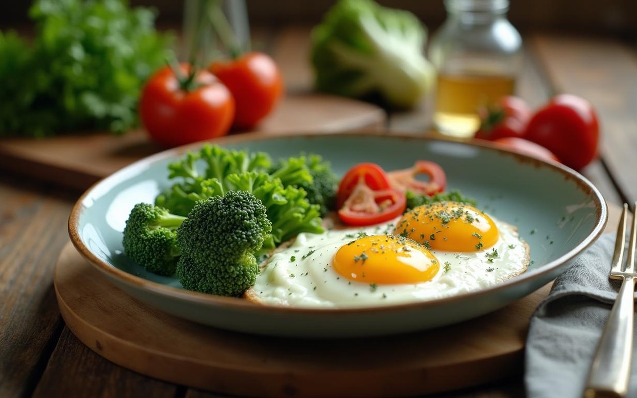 Repas équilibré avec des œufs et des légumes verts pour un régime santé.