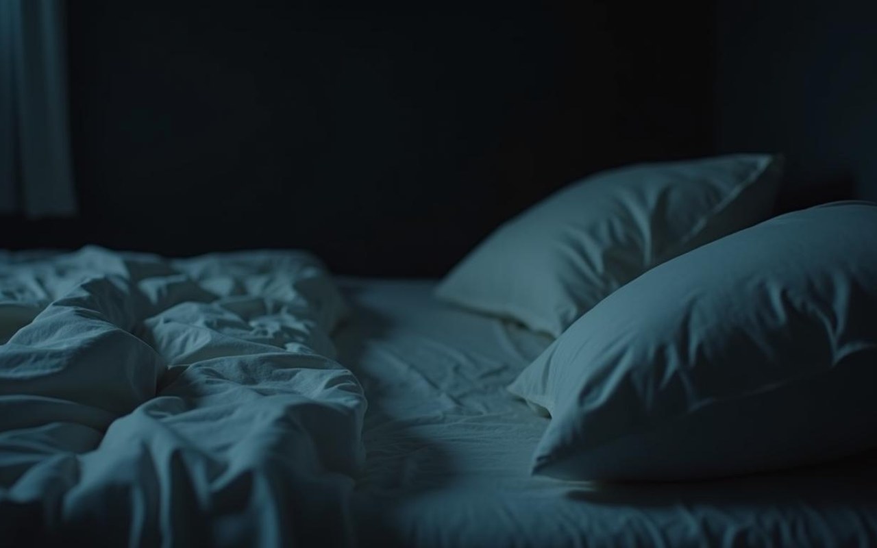 Chambre sombre avec draps humides, illustrant les sueurs nocturnes