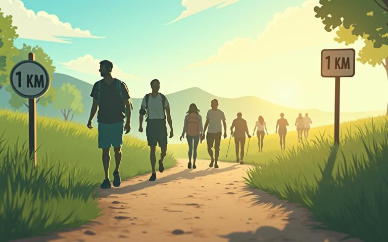 Silhouettes de marcheurs sur un chemin, illustrant la variation des pas pour 1 km selon la taille.