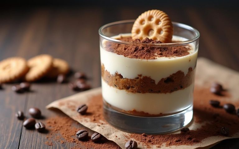 Tiramisu maison présenté dans un verre transparent, mettant en valeur ses couches crémeuses.