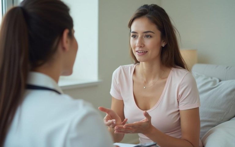 Femme en consultation médicale pour abdominoplastie après césarienne