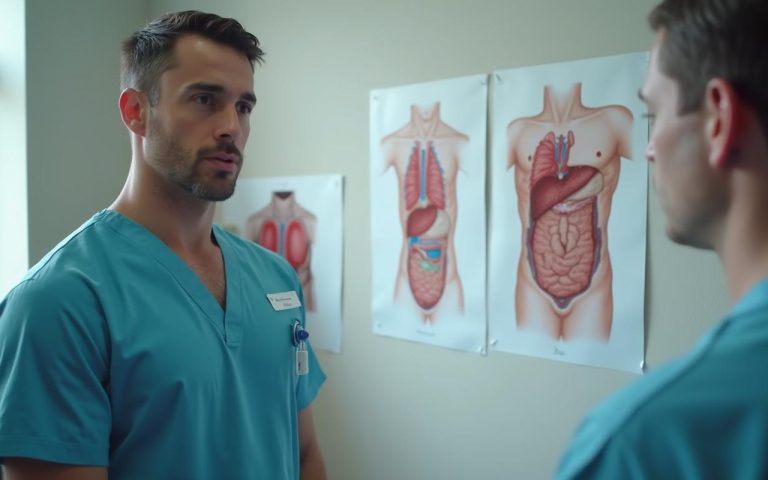 Consultation entre un homme et un chirurgien esthétique sur la liposuccion et l'abdominoplastie.