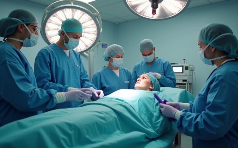 Salle d'opération moderne pour une liposuccion avec des professionnels de santé.