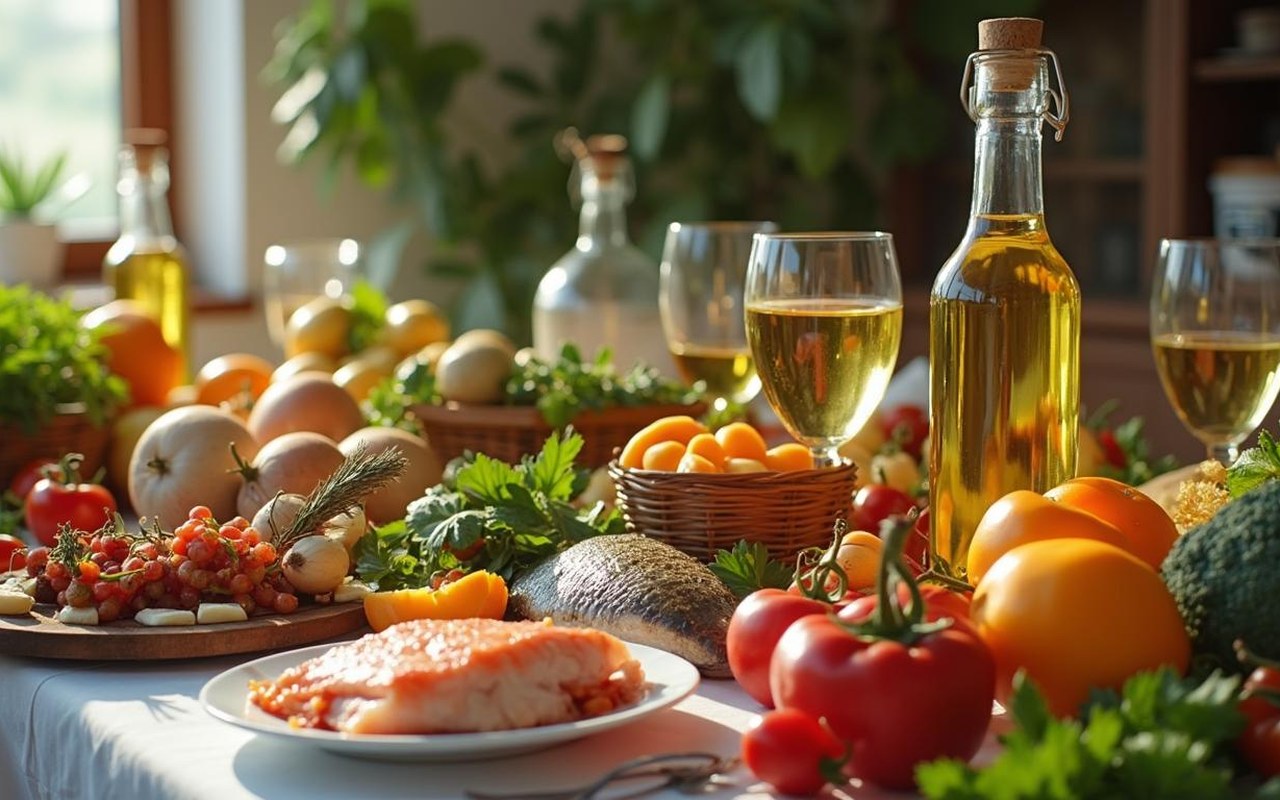 Table méditerranéenne avec aliments du régime crétois pour la santé cardiovasculaire.