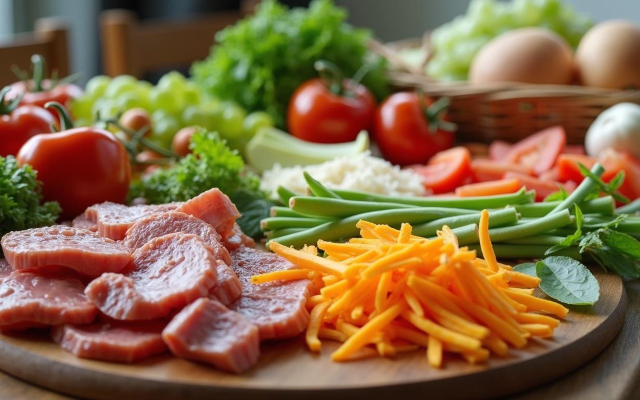 Table de repas saine avec aliments séparés selon le régime dissocié.
