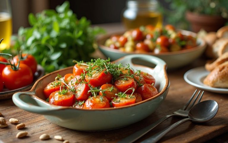 Table méditerranéenne avec des plats du régime crétois, légumes frais et huile d'olive.