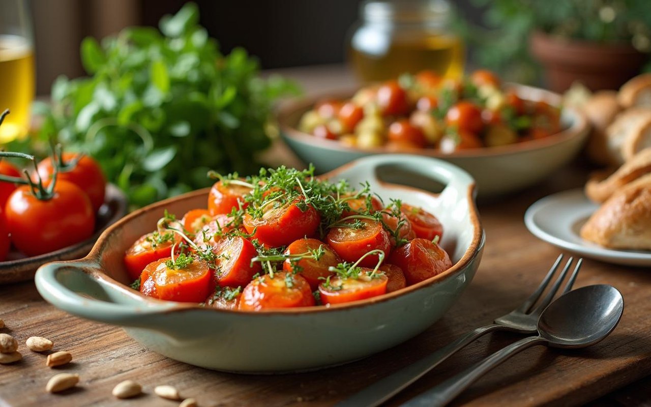 Table méditerranéenne avec des plats du régime crétois, légumes frais et huile d'olive.