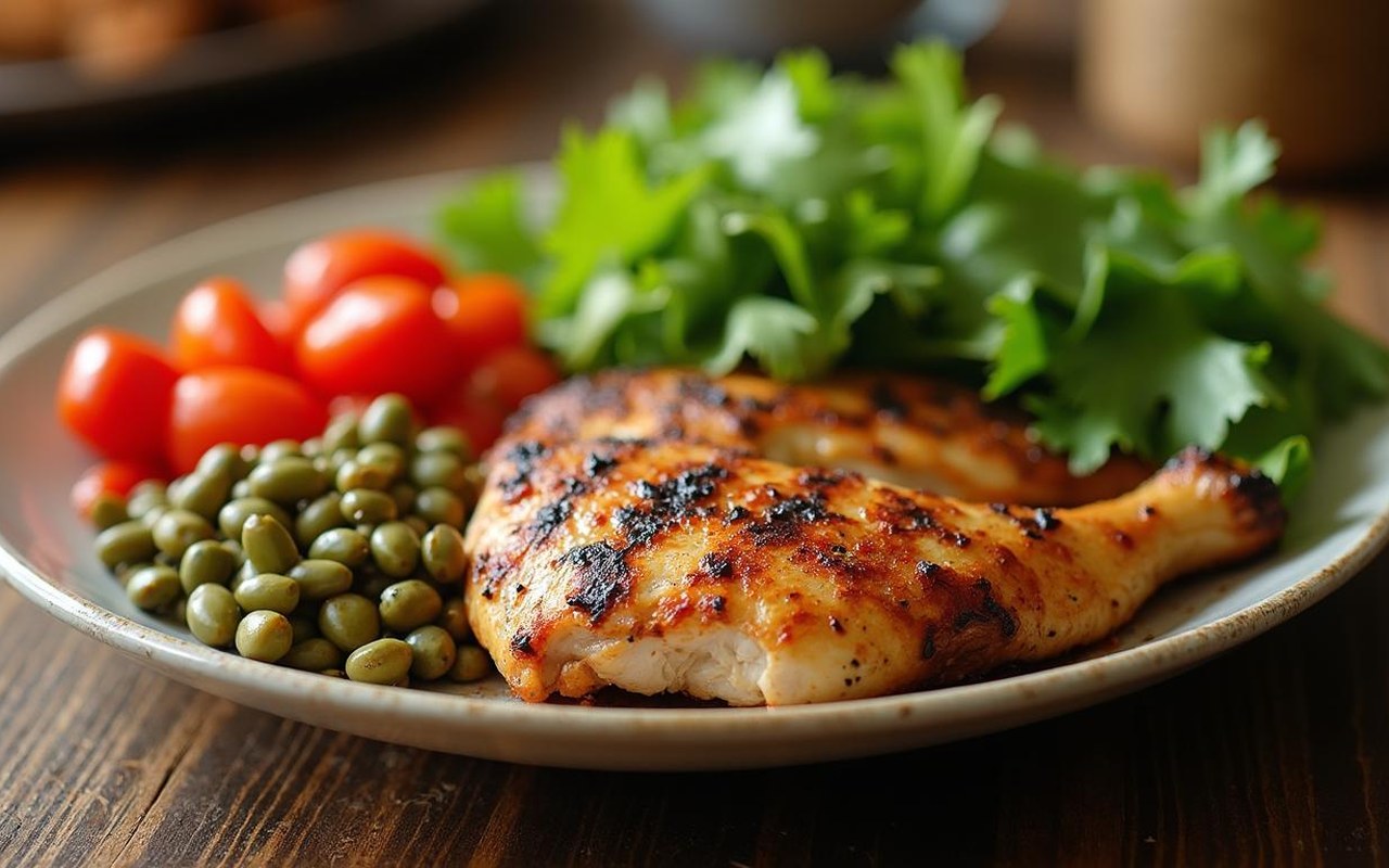 Plat équilibré avec poulet, légumes et légumineuses pour un régime hyperprotéiné.