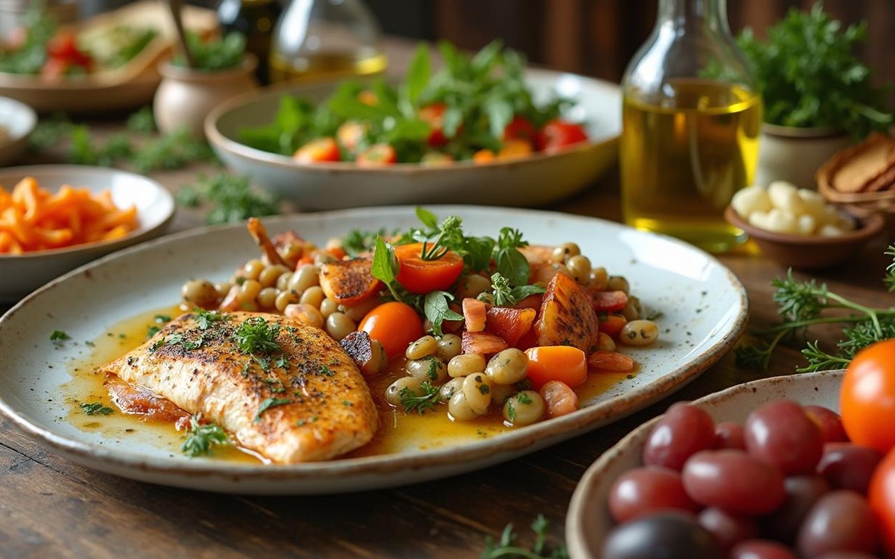 Table méditerranéenne avec plats sains et colorés, illustrant le régime méditerranéen.