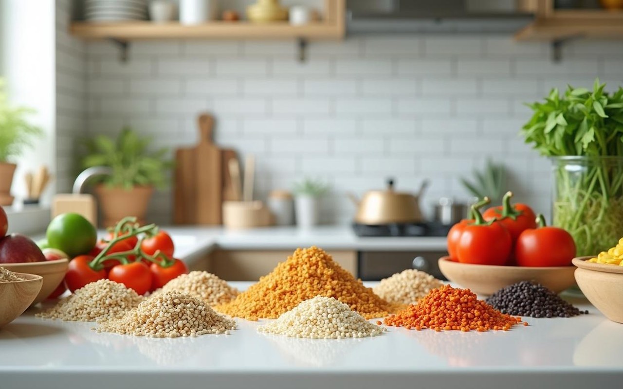 Cuisine organisée avec des aliments sans gluten sur le plan de travail