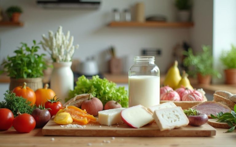 Table de cuisine avec des aliments sans lactose pour une digestion saine.