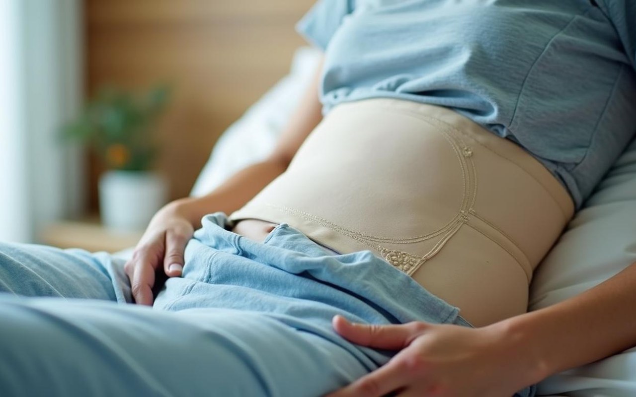Patient en convalescence après chirurgie esthétique du ventre, portant une gaine abdominale.