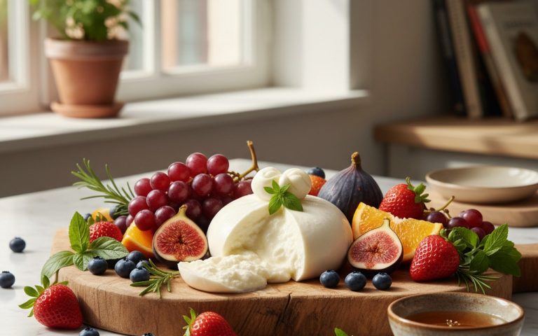 Burrata pasteurisée accompagnée de fruits frais dans une cuisine lumineuse.