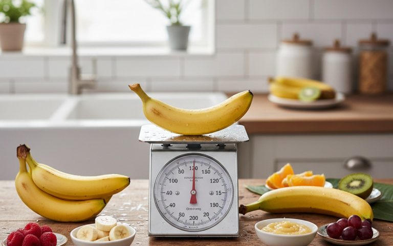 Banane moyenne sur une balance avec d'autres fruits, illustrant les portions et calories.