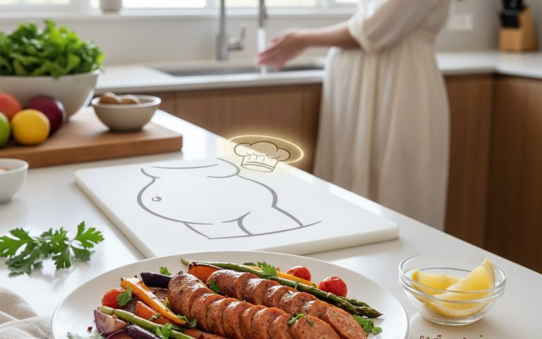 Plat de chorizo cuit avec légumes, illustrant la sécurité alimentaire pendant la grossesse.