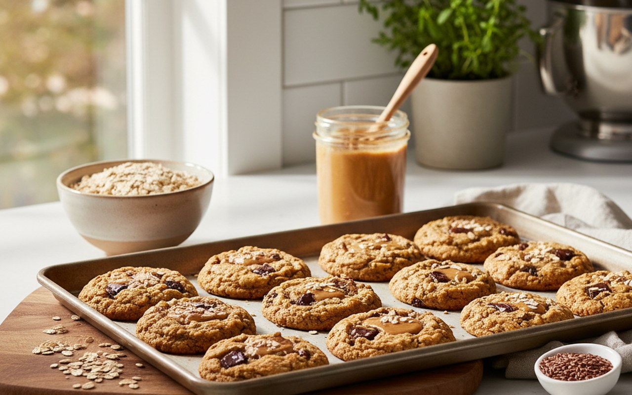 Cookies protéinés maison sur une plaque avec des ingrédients sains autour.