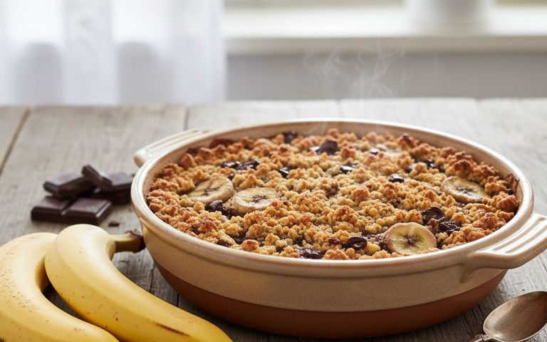Crumble banane chocolat doré, servi dans un plat en céramique avec des bananes et du chocolat noir.
