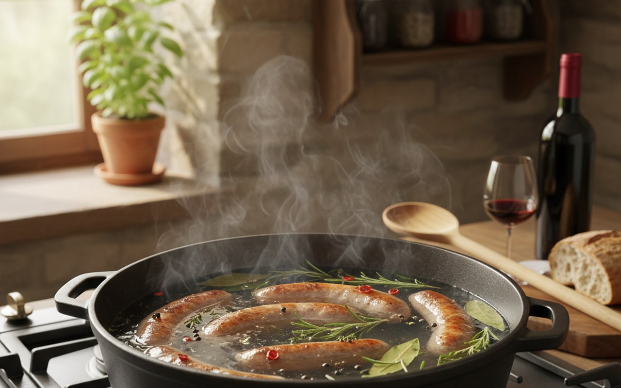 Cuisson de knacks dans une casserole d'eau frémissante avec des herbes fraîches.