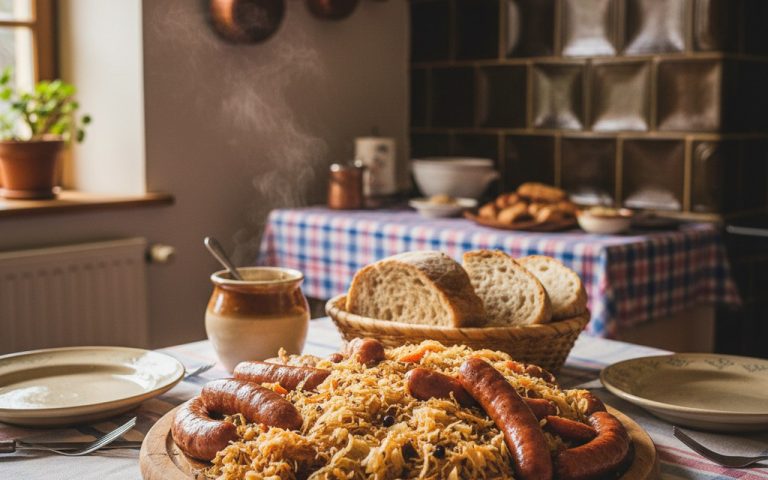 Saucisses de Francfort et de Strasbourg sur une table alsacienne avec choucroute.