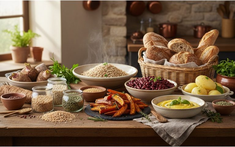 Variété de féculents sur une table de cuisine, incluant céréales, légumineuses et tubercules.