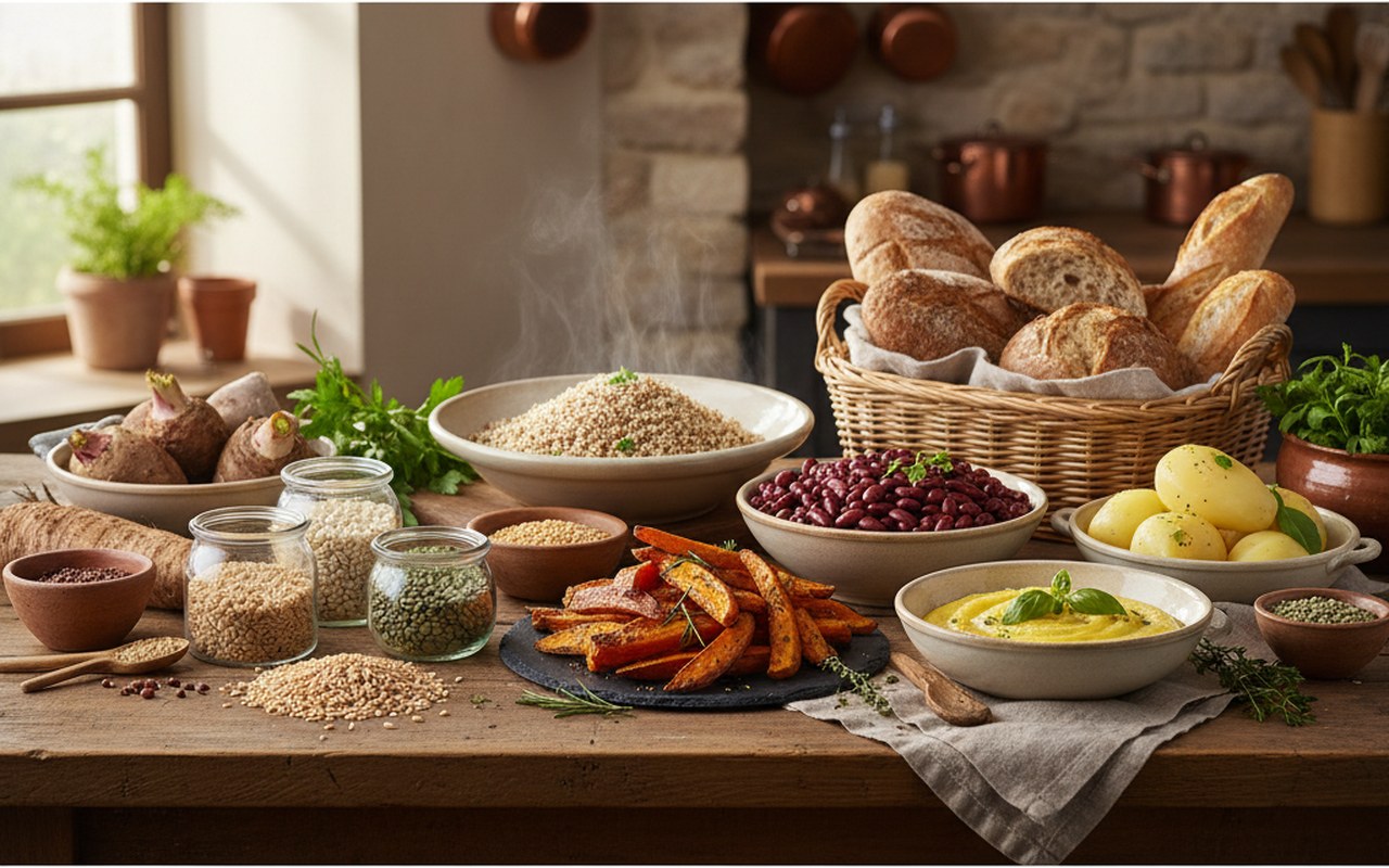 Variété de féculents sur une table de cuisine, incluant céréales, légumineuses et tubercules.