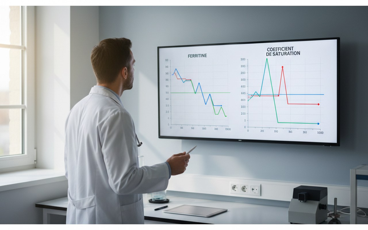 Médecin analysant des résultats de tests sanguins sur la ferritine.