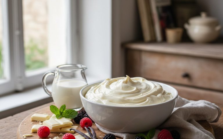 Bol de ganache montée chocolat blanc avec ingrédients en arrière-plan.