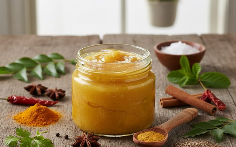 Pot de ghee doré sur une table en bois avec des épices indiennes.