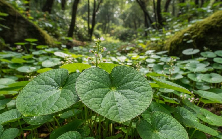 Feuilles de gotu kola dans un environnement naturel, symbolisant la santé cognitive.