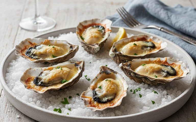 Huîtres gratinées au four sur un lit de gros sel avec parmesan et persil.