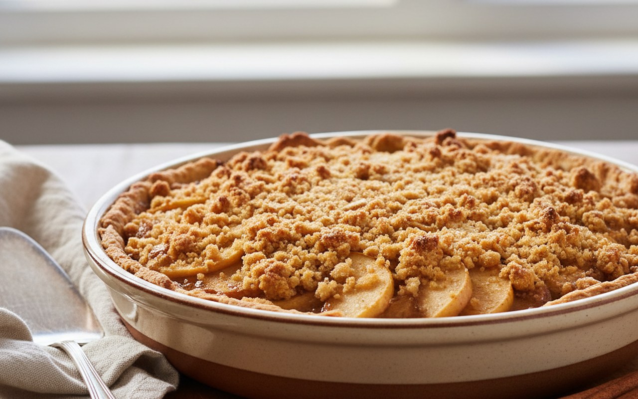 Tarte aux pommes avec streusel croustillant et épices autour.